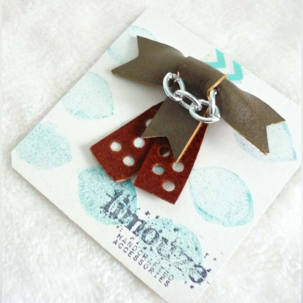 Punched Leather + Vinyl Dainty Bow Brooch - Metal Chain - OOAK - Handmade